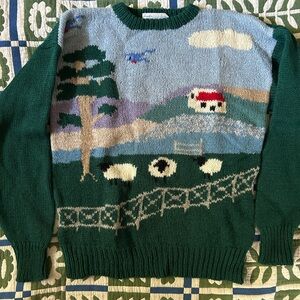 Vintage Deans of Scotland Wool Knit Sheep Landscape Sweater - S